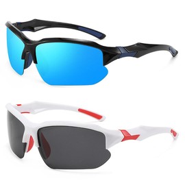Sports Sunglasses for Men & Women - UV400 Protection, Night Driving, Cycling, Running, Outdoor Activities (White Red+Black Blue)
