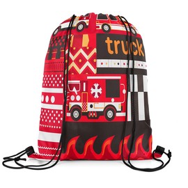 Feelyou Fire Truck Gym String Bag 13"x15.7" Car Drawstring Backpack Firefighter Firemen Car Vehicle Drawstring Bags Set Red Black Waterproof Cinch Bag