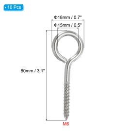 PATIKIL 10pcs M6x80mm Eye Screw 304 Stainless Steel Eye Screw Hook Self Tapping Eye Bolt Wood Fixing Cable Wire Indoor Outdoor Silver