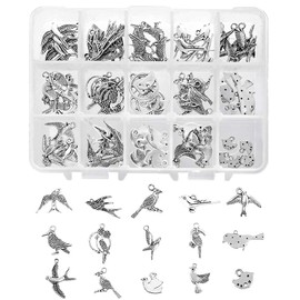 PH PandaHall 15 Style Bird Charms, 90pcs Swallow Charms Tibetan Antique Silver Animal Pendants Beads for DIY Spring Earring Necklace Bracelet Making