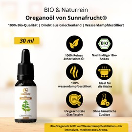Organic Oregano Oil by Sunnafrucht® | 30 ml | 100% Natural | In Purple Glass | Steam Distilled | High Dose with 82%+ Carvacrol | Essential Oregano Oil | Organic Origanum Vulgare from Greece