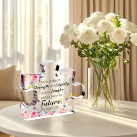 Religious Scripture Acrylic Stand - Inspirational God's Word Decor,“She is Clothed in Strength & Dignity, and she Laughs Without Fear of The Future” Ideal Gift for Christians 4.9x3.9x0.6 inches