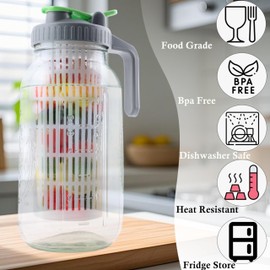 Glass Mason Jar Water Fruit Infuser Pitcher With Lid 64 Oz Wide Mouth Tea Infused Pitchers 2 Quart Sun Tea Jar For Outside Half Gallon Iced Coffee Tea Lemonade Juice Homemade Drinks Container- 2 Set