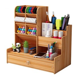 UgyDuky Upgraded Wooden Pencil Holder, Art Supply Organizer, Desktop Pen Organizer with Drawer, Multi-Functional Desktop Stationary Storage for Colored Pencils Pens Markers Office Home School Supplies (wood)