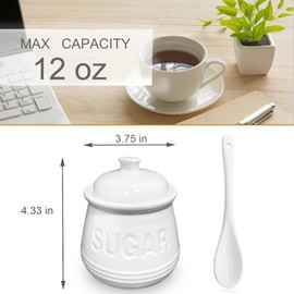 NAXIHOPT Sugar Bowl with Lid and Spoon, Ceramic Sugar Containers for Countertop, Sugar Dish Jar Coffee Bar Accessories, Covered Sugar Holder for Kitchen 12oz, White