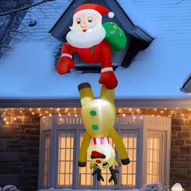 DR.DUDU 7 FT Christmas Inflatable Outdoor Decorations, Blow Up Santa Claus with Reindeer Hanging Xmas Inflatables Decor with LED Lights for Yard Lawn Porch Garden Holiday Party