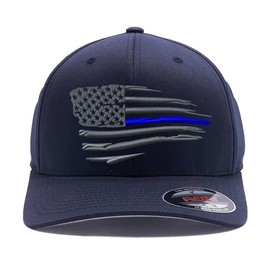 Tactical Thin Lines, Thin Red/Blue/Green/Yellow Line Waving American Flag hat, Custom Embroidered Flex Fitted (L/XL, Deep Navy)