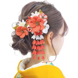 Doscpe ZZH03 Hair Ornament, Coming-of-Age Ceremony, Kimono, Long Sleeve, Shichi-Go-San Tsumami Shoku, Camellia, Down, Traditional Craft, Cute, with Bell, Pearl, Clip, Flower, Handmade, Durable, Yukata