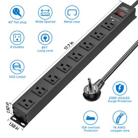 CRST 8 Outlet Metal Heavy Duty Power Strip with Switch, 15A/1875W Mountable Power Strip Surge Protector 2100Joules, Wide Spaced Workshop Power Strip 6 FT 14AWG