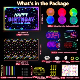 192 PCS Neon Glow Birthday Party Supplies - Glow in The Dark Birthday Backdrop Banner, Let’s Glow Tablecloth, Neon Balloons, Temporary Tattoo, Glow Sticks for Black Light Neon Party Decorations