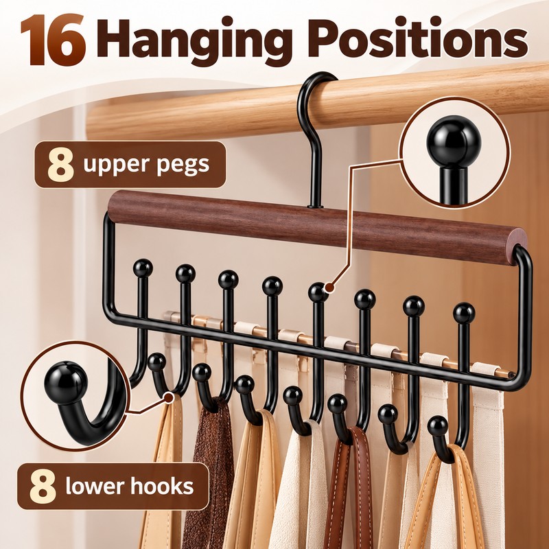 16-Hook Strap Clothes Hanger - Brown Two-Row Organizer for Bras,
