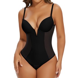 SHAPERIN Women's Deep V Backless Body Shaper Bra Faja Plunge Low Back Thong Shapewear Tummy Control Bodysuit (Small,Black)