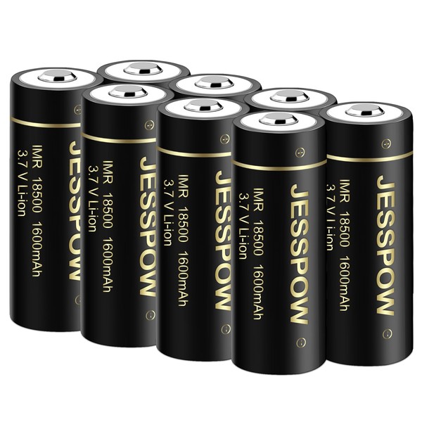 JESSPOW 18500 Battery, IMR 18500 Rechargeable Li-ion Battery 1600mAh 3.7V for Flashlight, Solar Garden Light and More, 18500 Rechargeable Solar Batteries with Button Top (8 Pack)