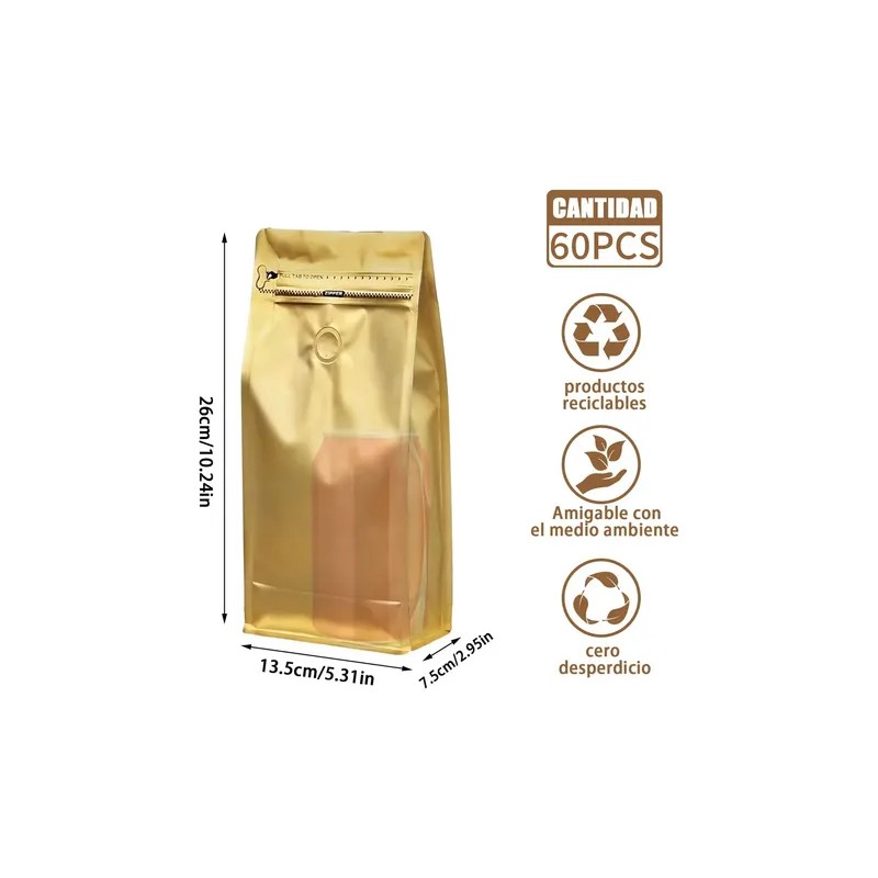 60 Bolsas De Café De 500gr Válvula Y Cierre Zipper