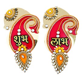 Auspicious Shubh Labh Stickers Hanging for Home Decor Bandanwar Door Wall Hanging Toran for Indian Traditional Festival Diwali Decorations and Gifts Handcrafted Valance Showpiece for Temple(Red)