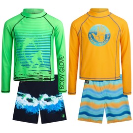 Body Glove Boys Swim Set - 4 Piece UPF 50+ Swim Trunks and Rash Guard for Boys Kids Swimwear Set (Sizes: 4-12), Size 5, Orange/Green Surf