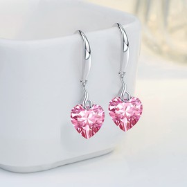 Heart Dangle Earrings 925 Sterling Silver 10mm Heart Cubic Zirconia Drop Earrings for Women, White Gold Jewellery Gift for Girls (Pink)