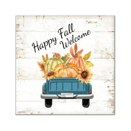 Happy Fall Harvest Blue Truck Welcome Wood Sign Farmhouse Farm Sunflower Wall Plaque Harvest Thanksgiving Wall Decor Hanging Plaque Sign For Home Front Door Porch Garden Yard 14x14in