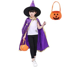 Jackcell Wizard Cape Witch Cloak with Hat and Pumpkin Bag, Halloween Costume Props for Kids Cosplay Party