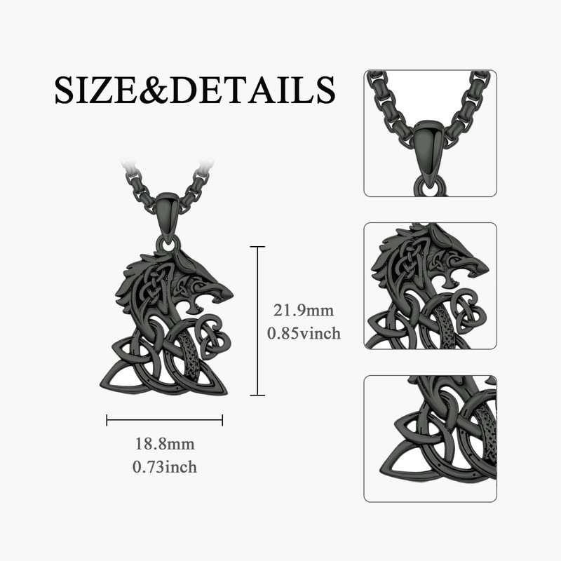 PROESS Celtic Knot Necklace 925 Sterling Silver Black Viking Wolf