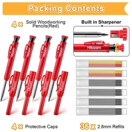 Hiboom 4 Pack Carpenter Pencils with 36 Refills (Red, Black, Yellow), 2.8 mm Heavy Duty Woodworking Marking Tool Built In Sharpener Ideal for Marking on Solid Long Nosed Deep Hole(Red)