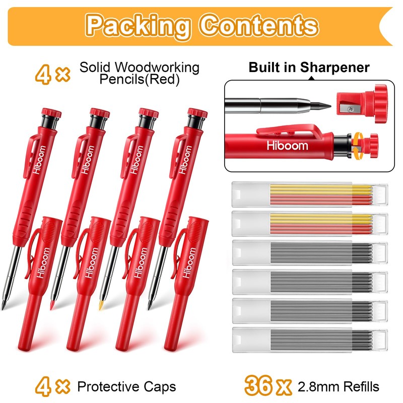 Hiboom 4 Pack Carpenter Pencils with 36 Refills (Red, Black,