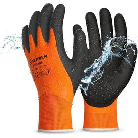 Schwer 2 Pairs Waterproof Work Gloves for Men and Women CR3306, Gardening Gloves with Double Latex Coated, Non-slip Working Gloves for Garden, Outdoor Construction, Car and Fish Cleaning Safety Grip Acrylic Fiber - Color: Winter Waterproof Orange, Team N