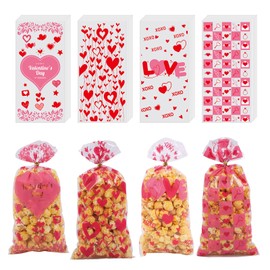 chmacura 100 Pieces Valentines Day Hearts Cellophane Goodie Bag Pink Love Treat Bags Wedding Gift Bag with Twist for Valentine's Day Party Supplies