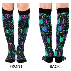 JUNZAN Cute Cartoon Witchcraft Cat Bright Compression Socks for Women Men Circulation Long Socks for Running Cycling Athletic Nurse