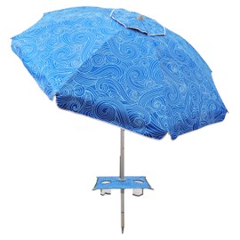 Jihfmo 7ft Beach Umbrella with Built-in Table Tray，UPF 50+ beach umbrellas for sand heavy duty wind portable, Windproof Outdoor Shade Umbrella for Patio Garden (Surging Waves)
