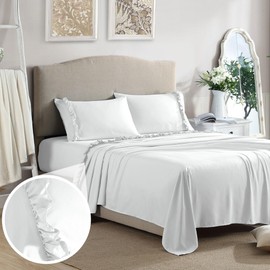 Swift Home Ultra-Soft Elegant 2-inch Ruffled Hem Design on Flat Sheet and Pillowcases, Wrinkle Resistant, Fade Resistant, Deep Pocket, Double Brushed 4-Piece Microfiber Sheet Set - King, White