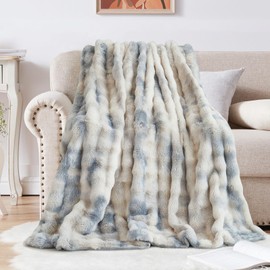 Soft Warm Faux Rabbit Fur Blanket - Thick 1000 G/M Faux Fur Throw with Ruffles - Fluffy, Versatile for Bed, Sofa, Office (Tie Dye Blue, 180x230cm / 71"x91")