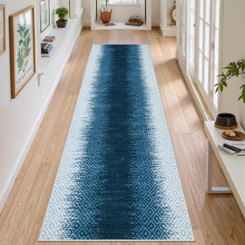 Beeiva Ombre Checkered Hallway Runner Rug 2x8, Ultra Thin Blue Foldable Kitchen Runner Rugs Non Skid Washable 2x8, Modern Abstract Print 8 ft Carpet for Hallways Bathroom Bedroom