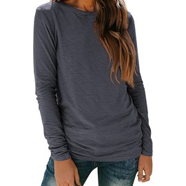 florynova Womens Long Sleeve Tops Round Neck Casual Shirts Loose Basic Tees Simple Solid Color Tunic Blouse(Black Grey,M)