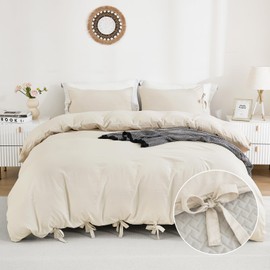 annadaif Beige Duvet Cover Full(79x90 Inch), 3 Pieces (1 Duvet Cover, 2 Pillowcases) Soft Washed Microfiber Bow tie Bowknot Duvet Cover Set, Easy Care Bedding Set for Men, Women