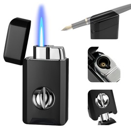 Torch Lighter, Built-in Cutter, Holder Function, All-in-One Jet Flame Butane Refillable Lighter, Gifts for Men, Adjustable Flame, Windproof Multifunctional Lighter(Without Gas)