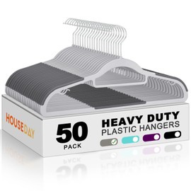 HOUSE DAY Plastic Hangers 50 Pack, Grey Plastic Clothes Hangers Non Slip with Rubber Grip, Heavy Duty Hanger with 360° Swivel Metal Hook, Ultra Thin Hangers Space Saving for Closet Organizer