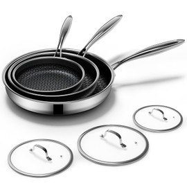 KURRUNGIE Non Stick Frying Pans Set with 3 Lid, Non-Toxic Hybrid Pans Set Nonstick (8+10+12inch),Pan for cooking, nonStick Cookware, Dishwasher and Oven-Safe Cookware Sets, Stainless Steel Skillets