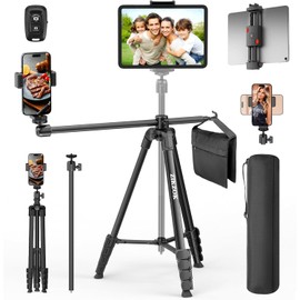 70" Phone Tripod & Selfie Stick, Horizontal Overhead Tripod, Extendable Camera Cell Phone Tripod Stand with Wireless Remote and phone Holder for Filming Video Recording Live Stream