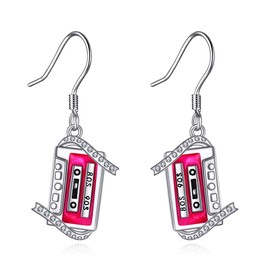 80s 90s Earrings 925 Sterling Silver Pink Cassette Tape Dangle Drop Earrings Cosplay Party Jewelry for Women, Sterling Silver, No Gemstone