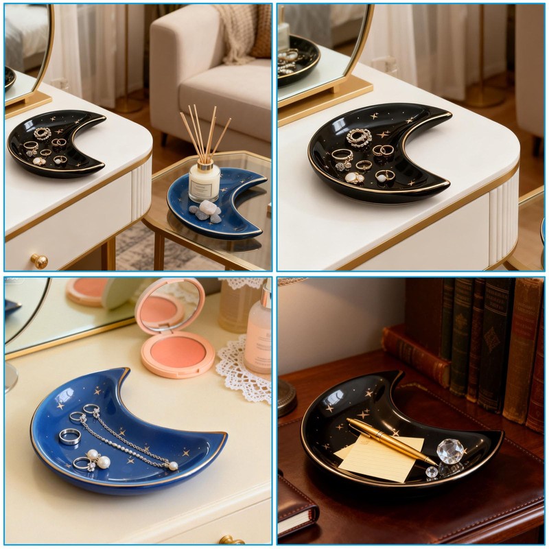 2 Pack 4 x 3.2 Inch Moon Trinket Tray, Ceramic