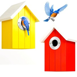 2PK Cedar Bluebird House, Wooden Bird House for Outside, 1.5" Entrance Hole Size, Stainless Steel Entrance Hole Protector, Colorful Garden Decorative (Yellow+Red)