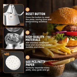 Newhai 6-inch Commercial Burger Patty Maker 150mm Hamburger Press Patty Make Stainless Steel Burger Smasher Hamburger Forming Processor with 400 Pcs Patty Papers for Beef Pork Chicken Patty (6 inch)