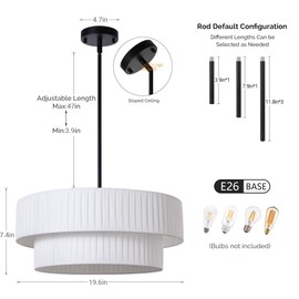 LamQee 20” Modern Drum Chandelier, 2-Tier Semi-Flush Mount Pendant Light Fixtures 3-Light with White Fabric Lampshades, Matte Black Fixtuer Hang Ceiling Lamp