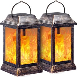TomCare Solar Lights Metal Flickering Flame Solar Lantern Outdoor Hanging Lanterns Lighting Heavy Duty Solar Powered Waterproof LED Flame Lights for Outdoor Patio Garden, 2 Pack (Bronze)