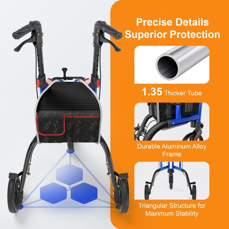SUCCU 3 Wheel Walkers for Seniors, Foldable Narrow Wheeled Rollator,