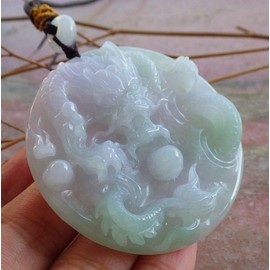gojade Certified ICY Green Pale Lavender 100% Jade Jadeite Pendant Dragon Lotus Flower 龙戏珠 456102 GS