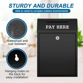 Yaocom Safe Cash Box Money Collection Metal Donation Box with Lock Wall Mount Pre Drilled Mailbox Delivery Ballot for Home Office Outdoor Self Serve Stand(Black,11.8 x 8.6 x 4.7 Inch)