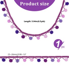 AHANDMAKER 6.5 Yards Purple Pom Poms Fringe Trim, Polyester, Lace, Party, Celebratory, Decorative, 25mm Wide, 21.34m Long, Bohemian Style, Solid Pattern