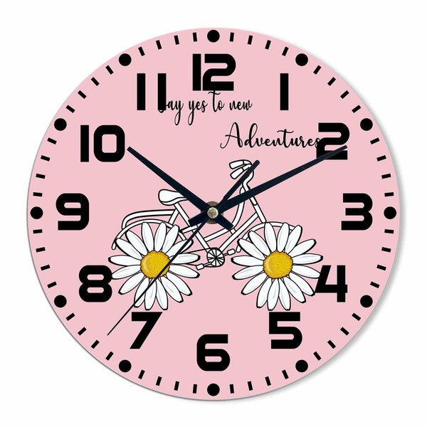 NOMEDOGYIM Bicycle Wall Clock Battery Operated Daisy Pink Background Wall